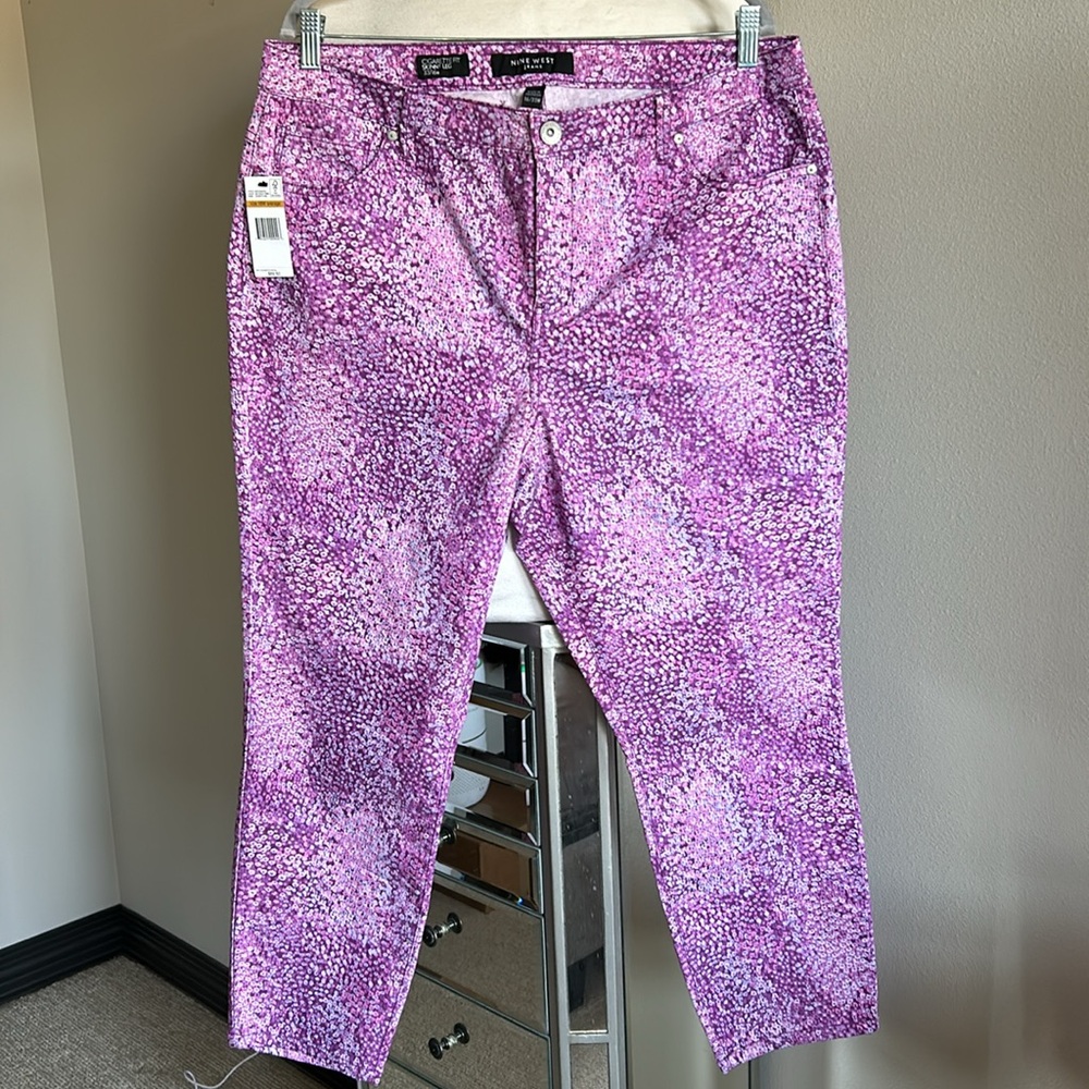 Nine West - Womens Mid-Rise Cigarette Ankle Pants w/ Purple Print - Size 16w